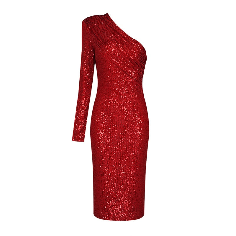 One Shoulder Dress Women Sparkling Glitzy Sequins Dress Mesh Patchwork Celebrity Party Best Dress