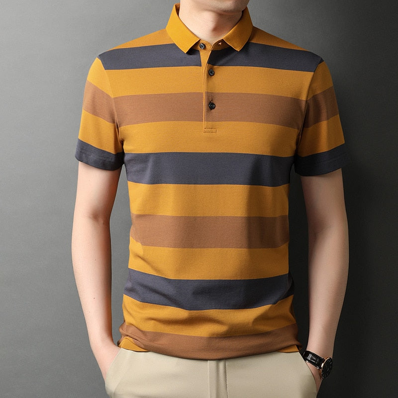 Top Grade New Summer Brand Striped Cotton Spandex Mens Designer Polo Shirts With Short Sleeve Casual Tops Fashions Men Clothing