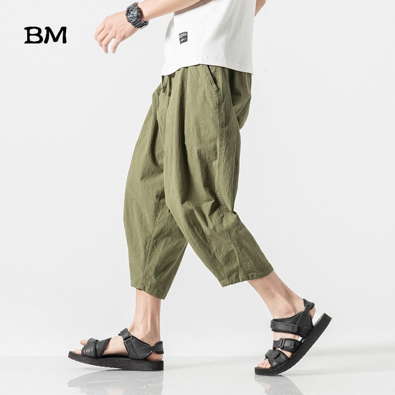 Summer Japanese Streetwear Linen Harem Pants Men Fashion Casual Cropped Pants Harajuku Thin Loose Radish Pants Sport Clothing