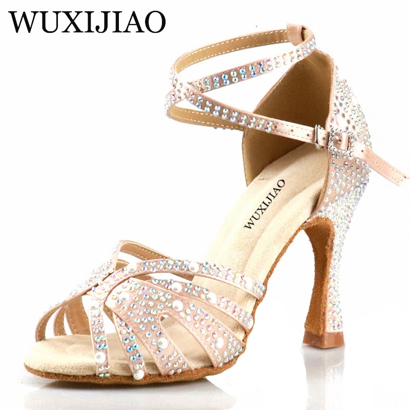 WUXIJIAO Women Latin Dance Shoes Rhinestones Soft Bottom Salsa Shoes For Dancing Ladies Sandals Women&#39;s Wedding Hight Heels 7.5C