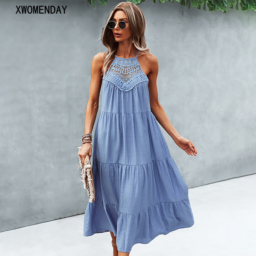 Summer Women Lace Stitching Halter Long Dress Sexy Lace-up Big Hem Beach Party Dresses Vintage Green Casual Ruffle Sundress 2022