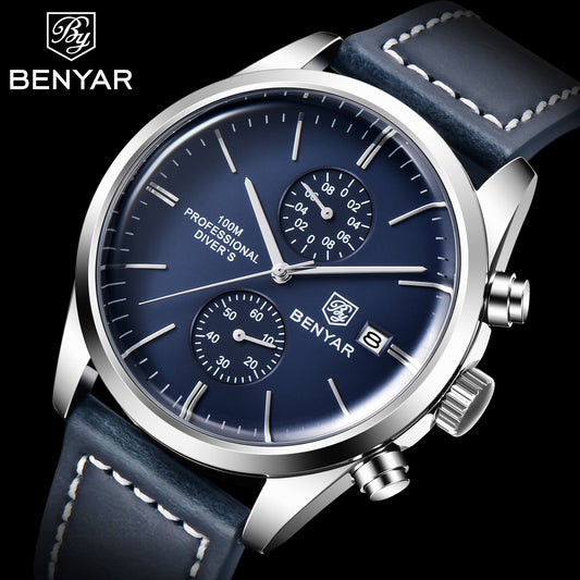 2022 New BENYAR Leather Men Quartz Wristwatches Luxury Brand 100M Waterproof Men Watch Military Sports Chronograph Watch for Men