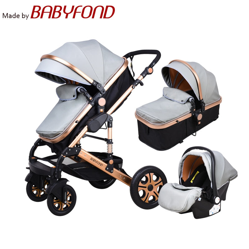 Babyfond Baby Stroller 3 in 1 High Landscape Baby Cart PU Leather Stroller With Car Seat 2 in 1 Luxury Baby Stroller CE Safety