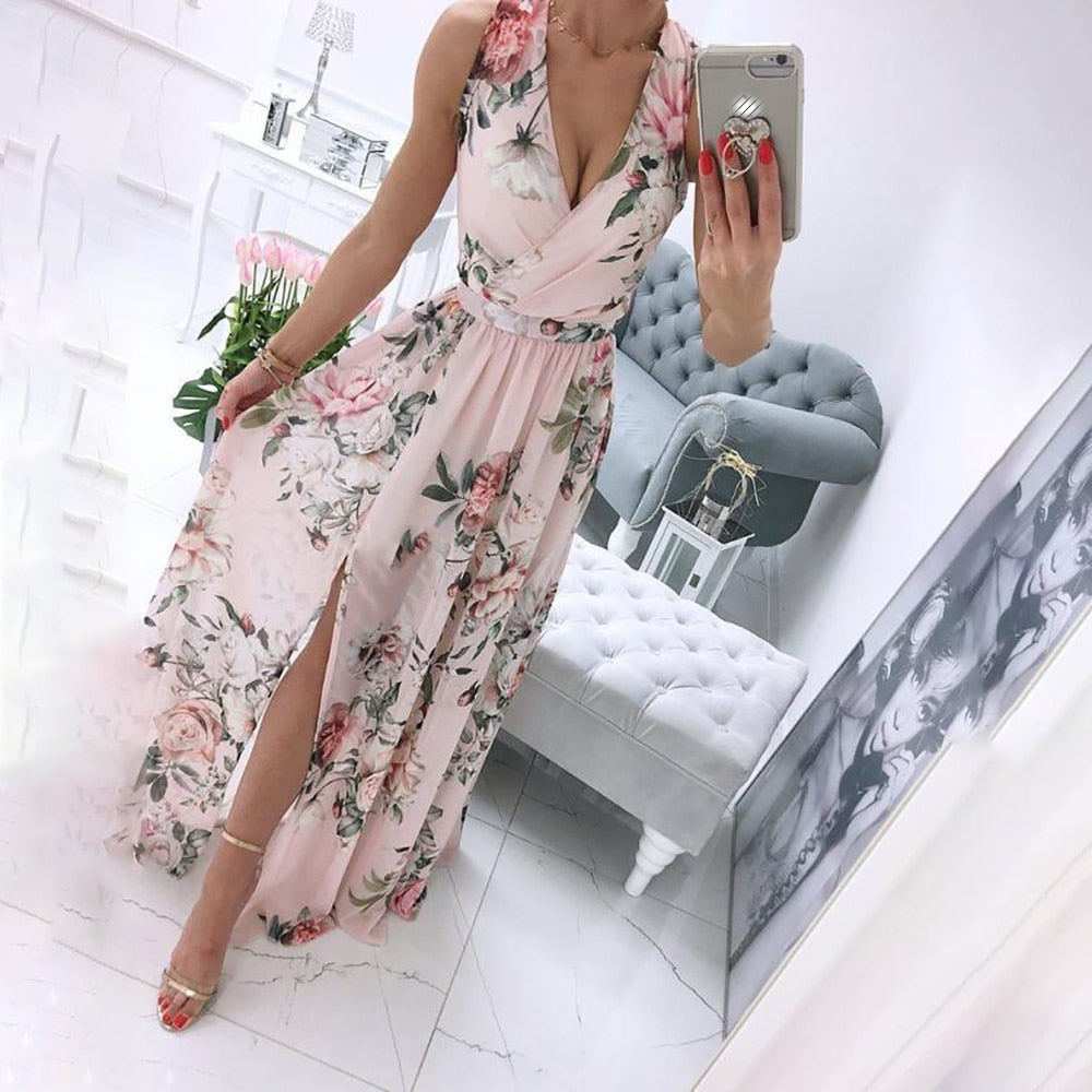 Summer Women Floral Sleeveless Maxi Dress Sexy Slit Boho Beach White Tank Dresses 2022 Elegant Deep V-Neck Print Party Sundress