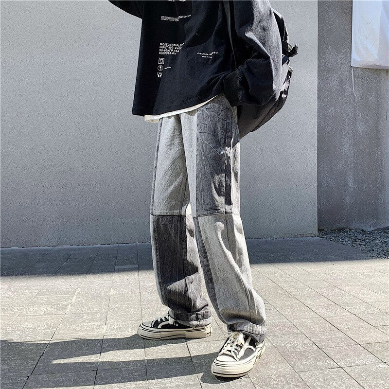 Fashion Men Relaxed Fit Jeans Straight Loose Patchwork Wide Legs Comfortable Male Street Trend Hip Hop Baggy Denim Pants