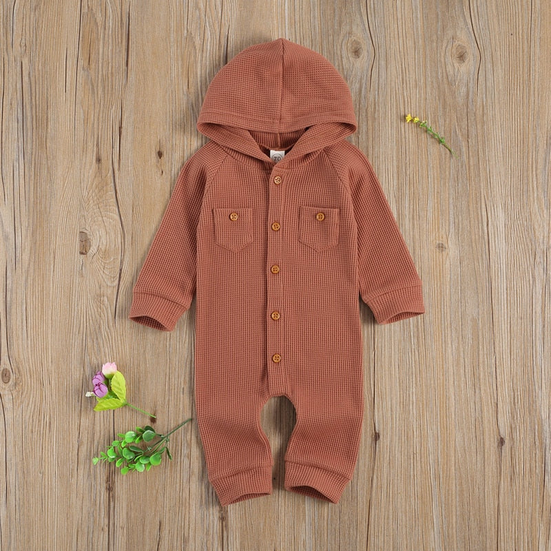 lioraitiin 0-24M Newborn Baby Boy Girl Fall Waffle Pattern Rompe Long Sleeve Single Breasted Hooded Jumpsuits Two Front Pockets