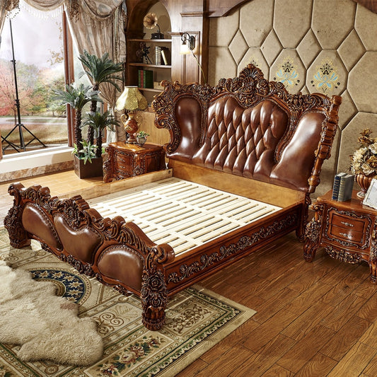 European-style Luxury Villa 2 Meters Wide Bed Solid Wood Carved First Layer Cowhide Luxury Hotel Bed Frames Queen Size