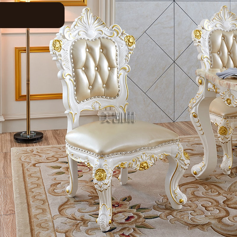 European-style White Gold-painted Solid Wood Dining Table Pink Dragon Jade Marble Long Dining Table Leather Dining Chair