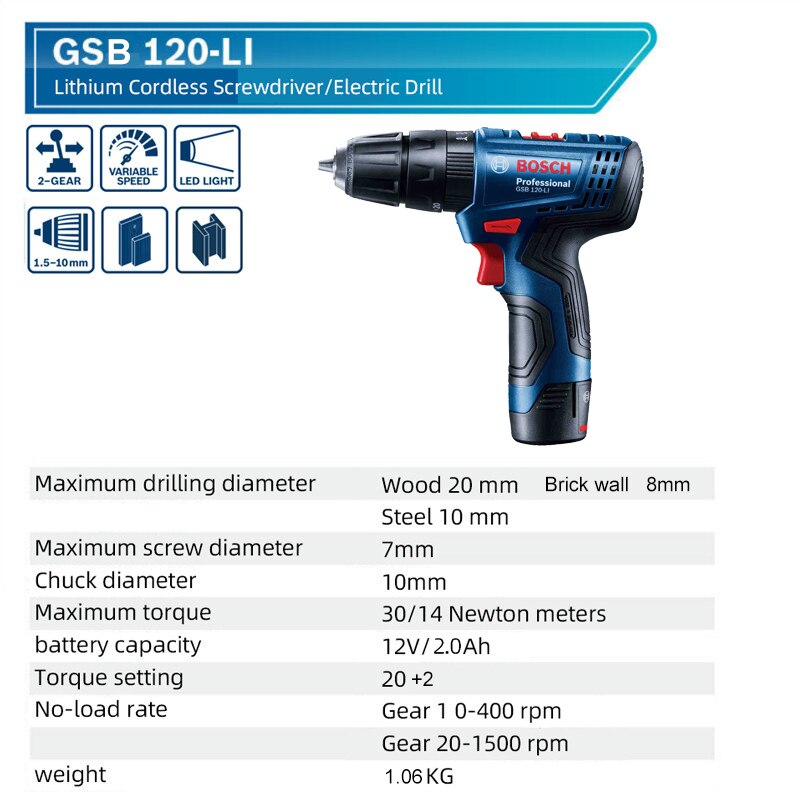 Bosch 3 In 1 Electric Drill GSB 120-LI 12V Rechargeable Cordless Impact Drill Multi-function Home DIY Screwdriver Power Tool