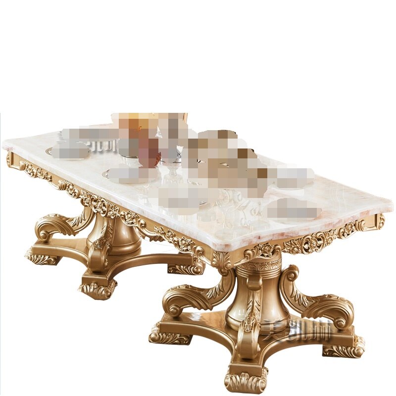 European-style Natural Marble Long Dining Table Luxurious Solid Wood Carved 2-meter 2.2-meter Golden