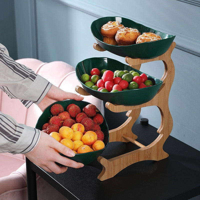 2/3 Tiers Plastic Fruit Plates With Wood Holder Oval Serving Bowls for Party Food Server Display Stand Fruit Candy Dish Shelves