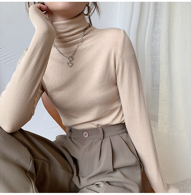 2022 Spring Autumn Women Pullover Female Knitted Sweaters Solid Concise Turtleneck Elasticity Elegant Office Lady Casual Tops