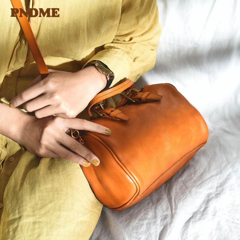 PNDME literary vintage genuine leather ladies small handbag fashion casual cowhide women&#39;s weekend party shoulder messenger bags