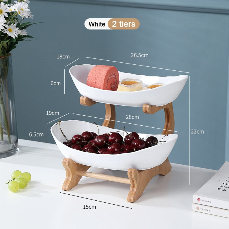 2/3 Tiers Plastic Fruit Plates With Wood Holder Oval Serving Bowls for Party Food Server Display Stand Fruit Candy Dish Shelves