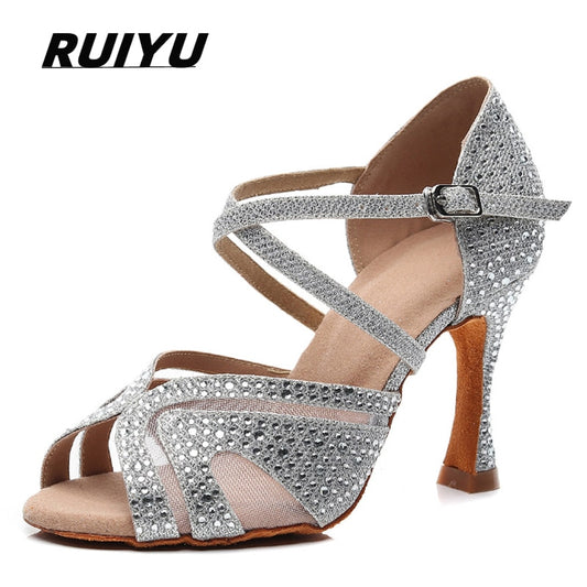 Latin Dance Shoes Adult Ladies Salsa Tango Dance Shoes Trainer Dance Shoes High Heel Sandals Summer Black Silver Blue Red