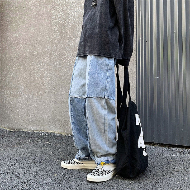 Fashion Men Relaxed Fit Jeans Straight Loose Patchwork Wide Legs Comfortable Male Street Trend Hip Hop Baggy Denim Pants