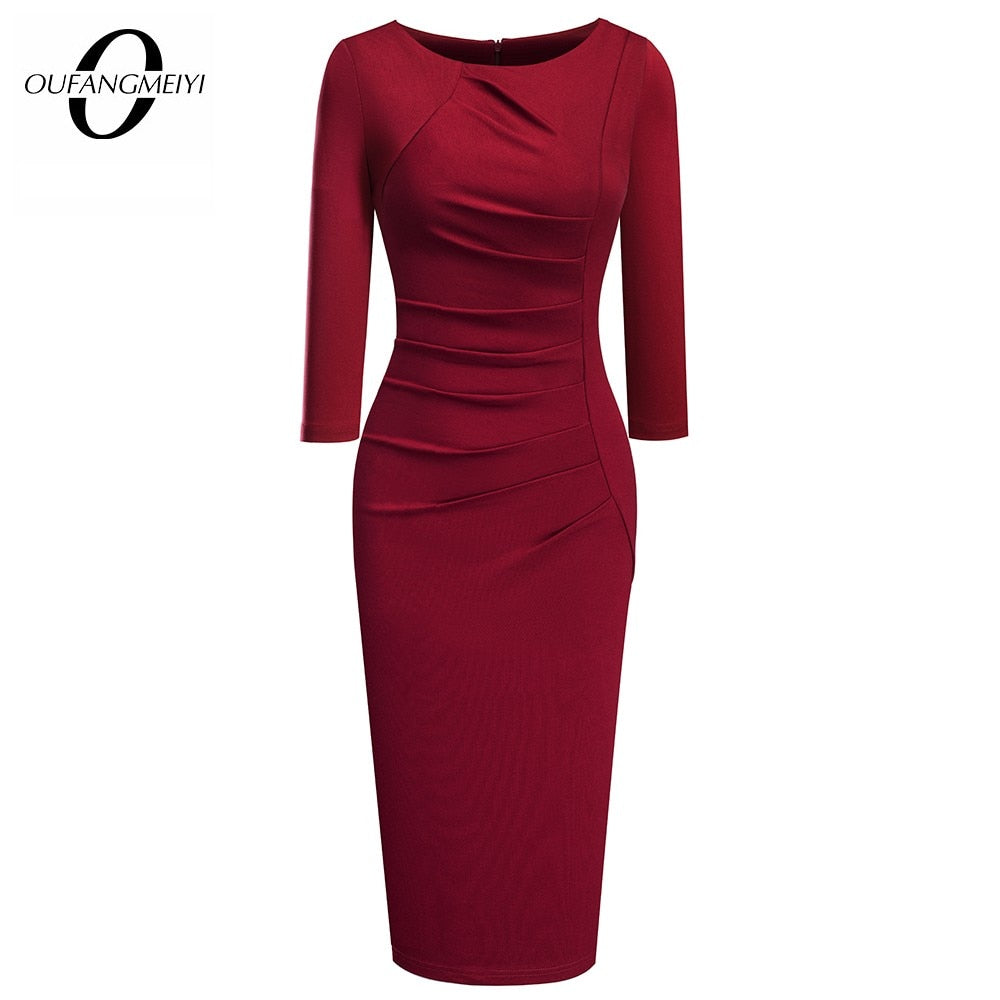 Women Elegant Fashion Solid Color Wear to Work Dresses Business Office Vinatge Bodycon Formal Dress EB600