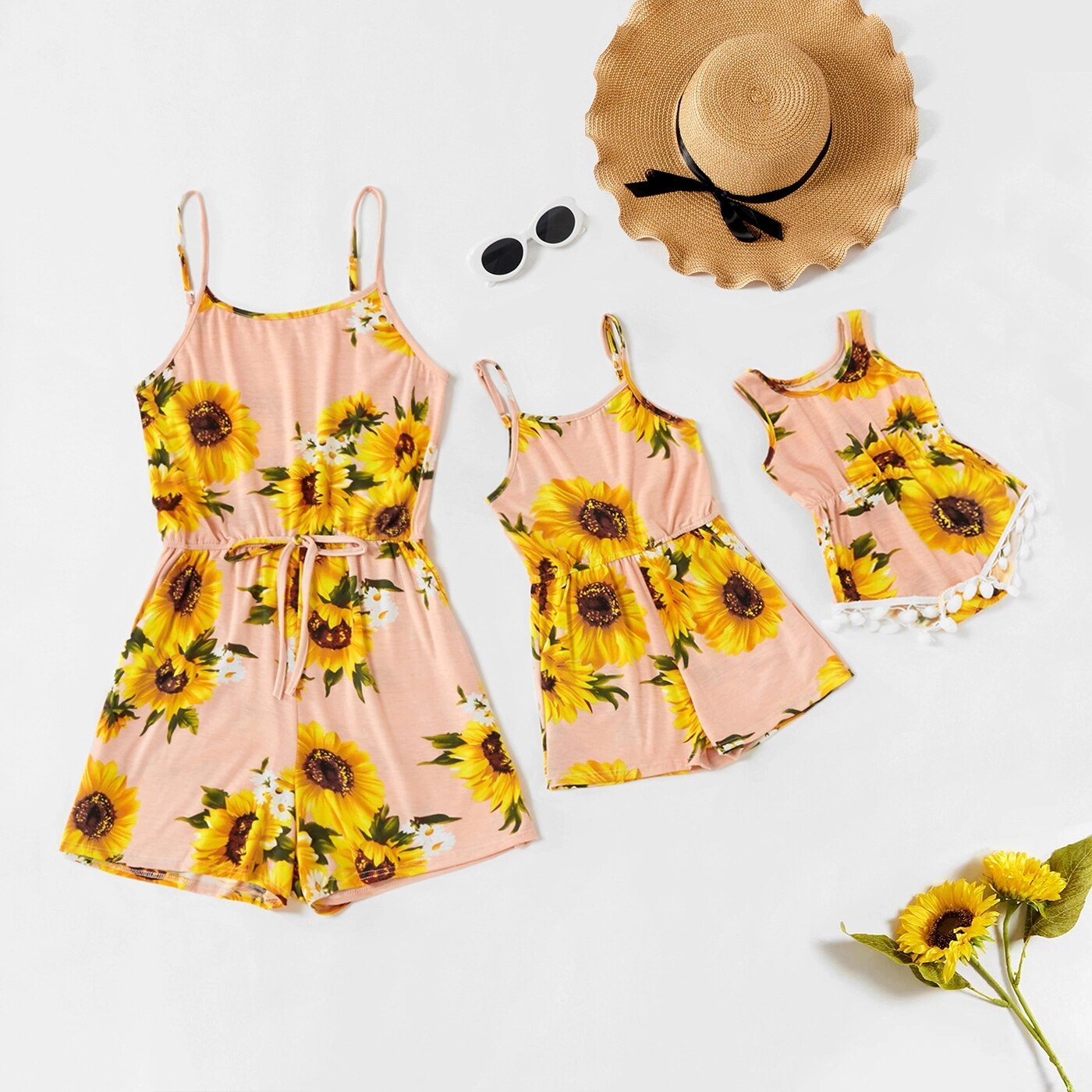 PatPat Sunflower and Daisy Print Matching Black Sling Shorts Rompers