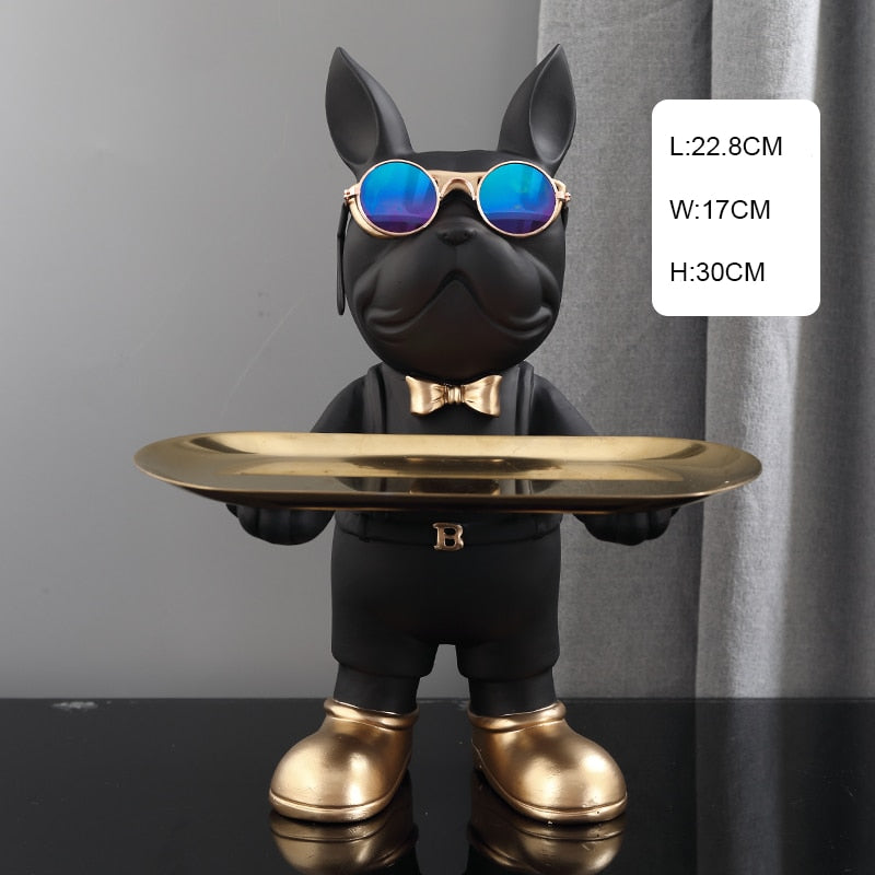 Resin Décor Dog Statue Butler with Tray for Storage Table Live Room French Bulldog Ornaments Decorative Sculpture Craft Gift