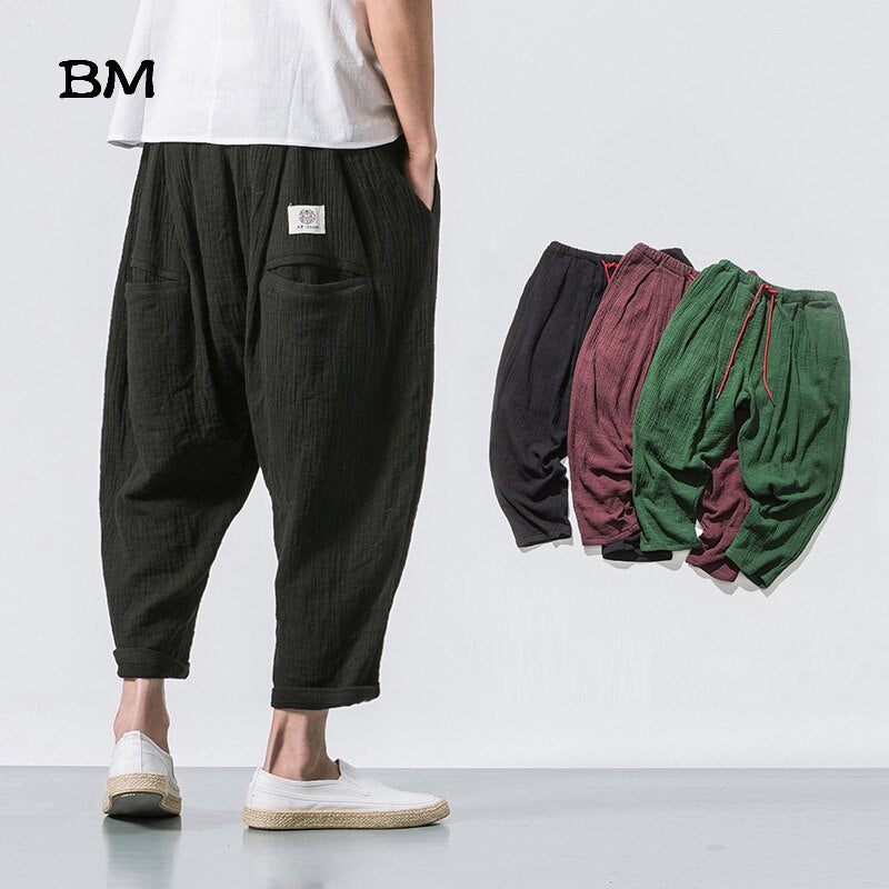 Best Black Linen Cropped Trousers Ethnic Style Harem Pants Mens Baggy Pants Summer Japanese Loose Joggers  www.chishtismart.com