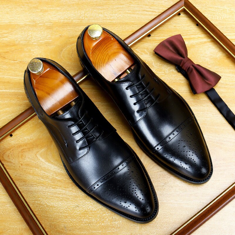 Italian Flat Men Dress Shoes Genuine Leather Office Business Wedding Handmade Mixed Color Brogue Formal Pointed Toe Oxfords Male