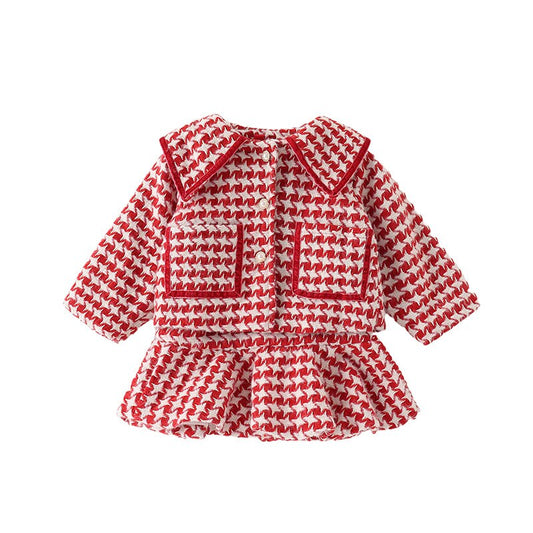 2022 Winter Baby Sweet Princess Dress Two-piece Suit Plus Velvet Vest Dress Woolen Plaid Jacket Set For 1-6 Year Girls Outwear