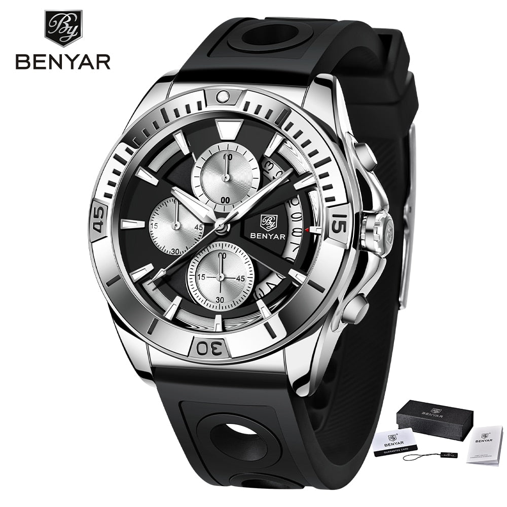 BENYAR Top Brand New Men Watch Stainless Steel Jubilee Watch Band Waterproof 30M Chronograph Luxury Men Quartz Wristwatch reloj