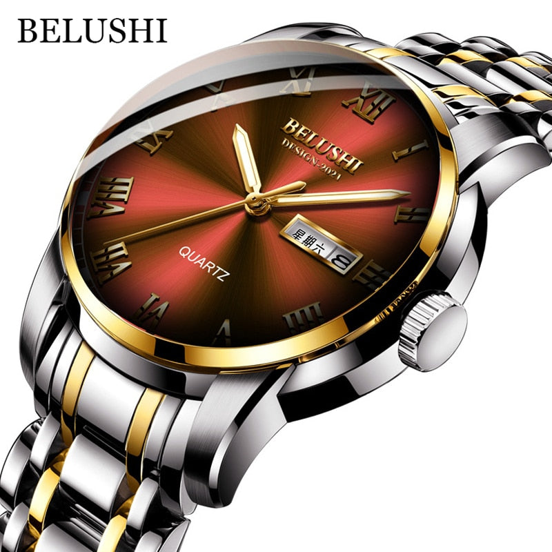 BELUSHI Top Brand Watch Men Stainless Steel Business Date Clock Waterproof Luminous Watches Mens Luxury Sport Quartz Wrist Watch