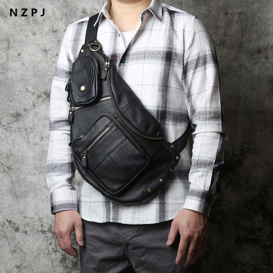NZPJ Leather Men&#39;s Chest Bag Retro Top Layer Cowhide Casual Messenger Bag Korean Version Shoulder Bag Large-Capacity Sports Bag