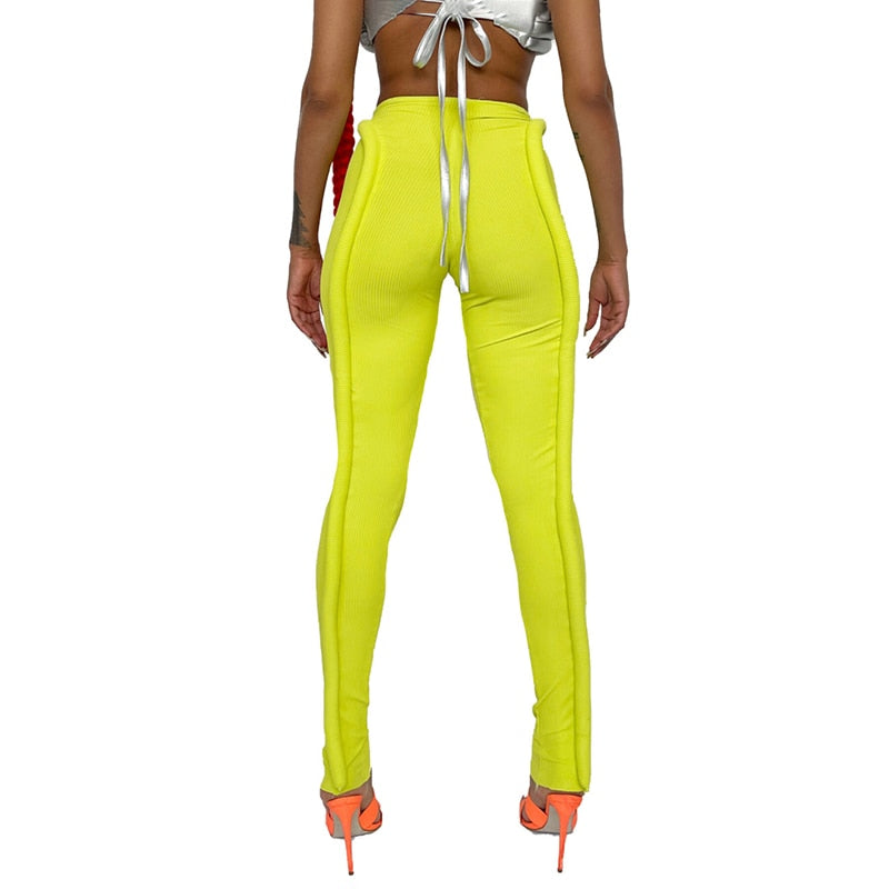 Neon Groene Geribbelde Fitness Vrouwen Leggings Mode Streetwear Mid Taille 2021 Fall Broek Sportieve Workout Leggins Casual Hot