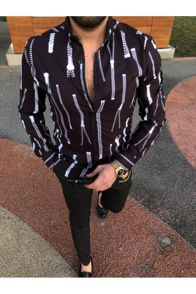 Fashion Men&#39;s Black Striped Shirts 2021 Autumn New Tide Slim Fit Long Sleeve Men Shirt Casual Clothes Man Vintage Printed Shirts