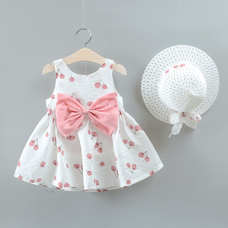 PatPat New Summer 2-piece Baby and Toddler Fruit Apple Cherry Allover Bow Decorative Sleeveless Dress and Hat Set