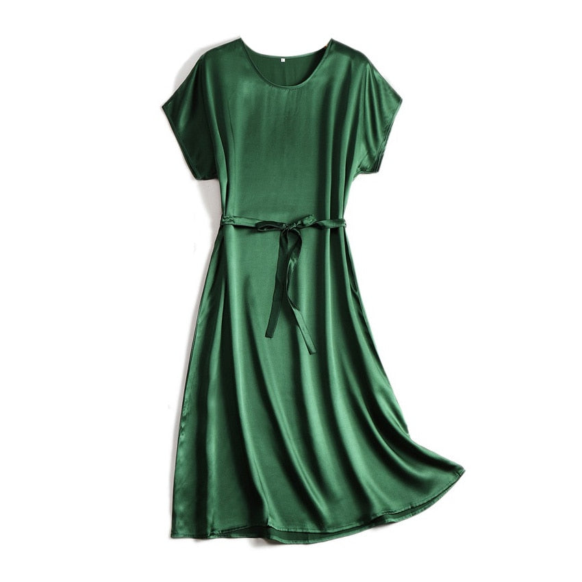 SuyaDream Woman Midi Dress 100%Silk Satin Solid Bat Sleeves Sashes Dresses 2022 Spring Summer Green Black Chic Dresses
