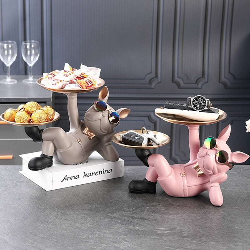 Resin Décor Dog Statue Butler with Tray for Storage Table Live Room French Bulldog Ornaments Decorative Sculpture Craft Gift