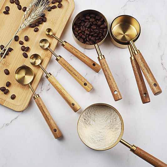 Measuring Spoon Set Kitchen Accessories Wooden Handle Stainless Steel Measuring Cups Spoons Baking Tools Coffee Bartending Scale