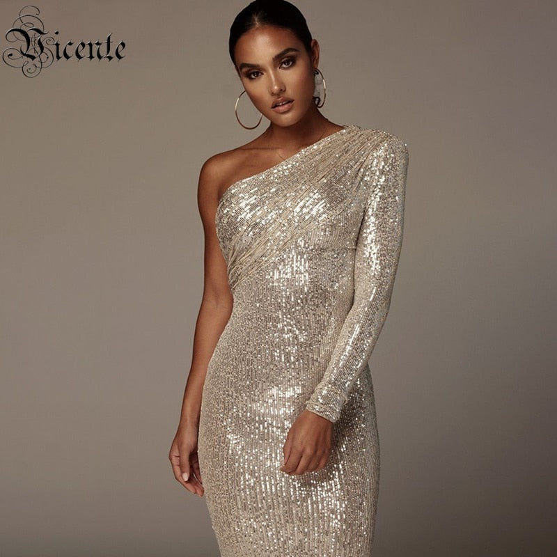 One Shoulder Dress Women Sparkling Glitzy Sequins Dress Mesh Patchwork Celebrity Party Best Dress