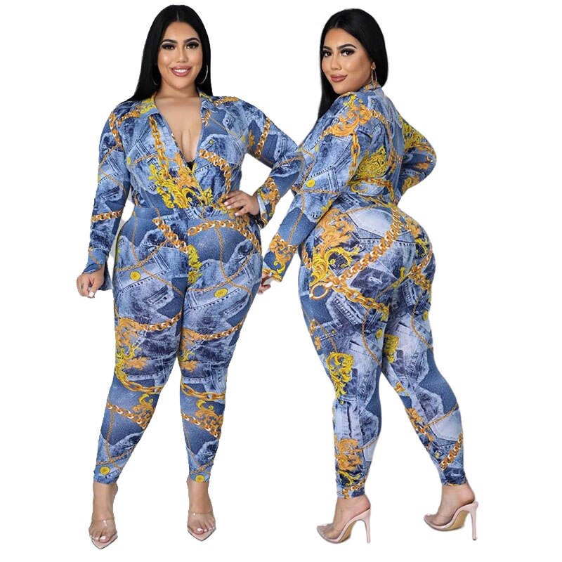 Plus Size Women Clothing Two Piece Set Fall Sexy Outfits Long Sleeve Bodysuit Shirt and Pants Sets Dropshipping Wholesale