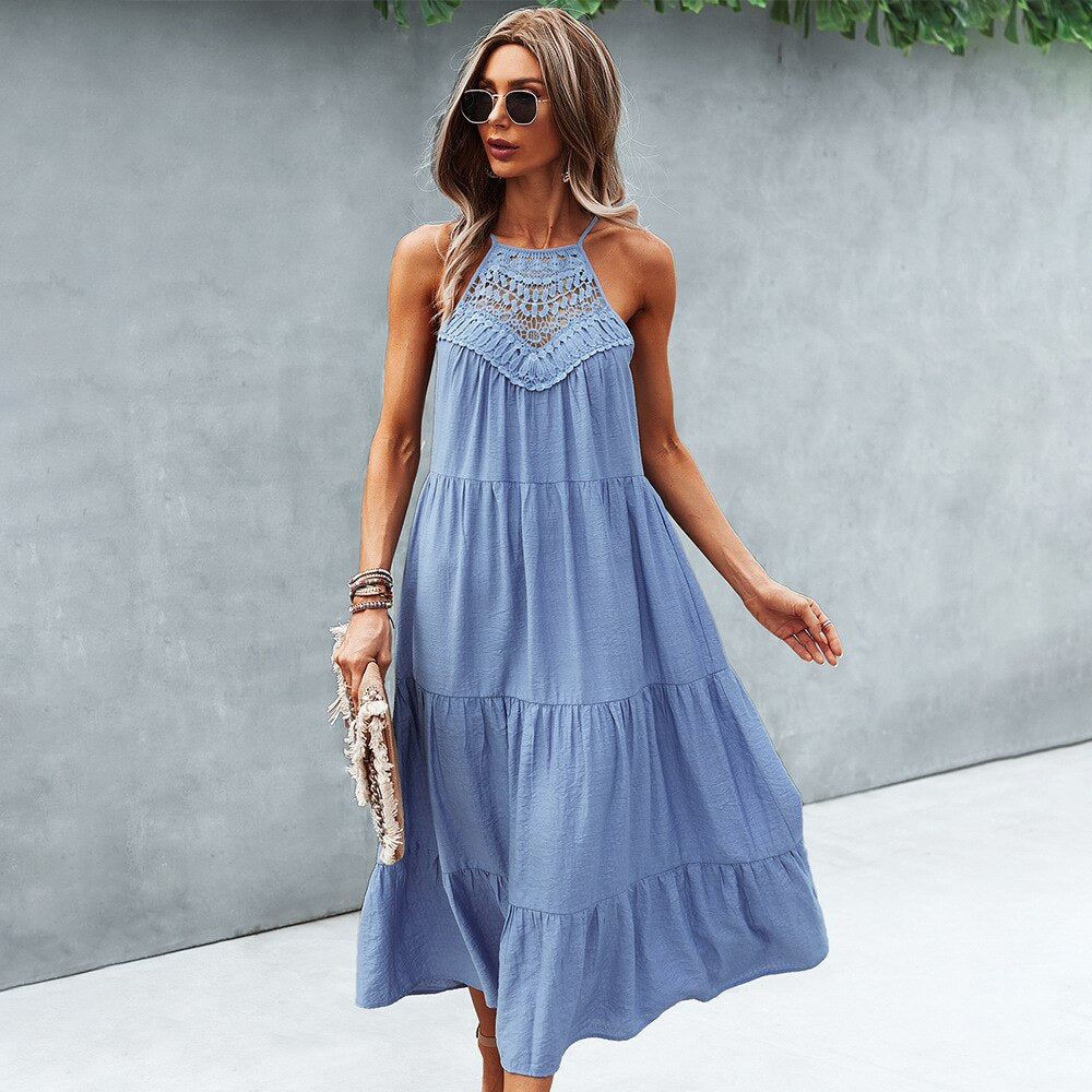 Summer Women Lace Stitching Halter Long Dress Sexy Lace-up Big Hem Beach Party Dresses Vintage Green Casual Ruffle Sundress 2022