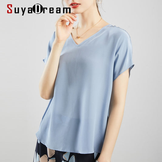 SuyaDream Women T shirt 100%REAL SILK Solid V Neck T Shirt Short Bat Sleeved Casual Shirts 2022 Summer Fall Bottomming Top