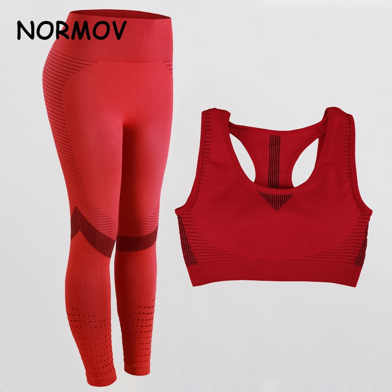 NORMOV  High Elasticity Sports Set Women Gym High Waist Fitness Workout Leggings Seamless Sports Suit Sportswear Activewear Suit