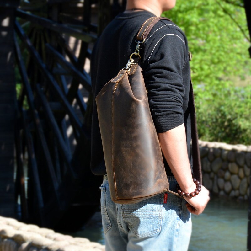 PNDME vintage cylinder design natural genuine leather men&#39;s chest bag fashion casual crazy horse cowhide shoulder crossbody bags