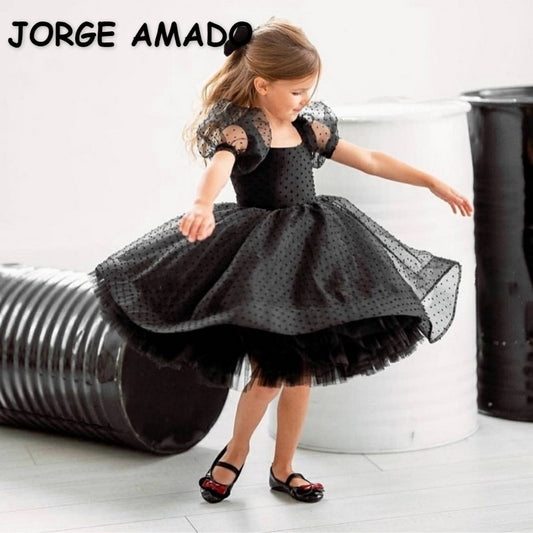 2021 New Summer Kids Girls Party Dresses Black Square Collar Puff Mesh Sleeves Dot Print Princess Dress Children Clothes E0506