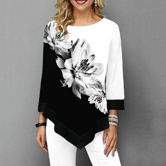 Floral Printed Women Blouse Asymmetric Hem O Neck Long Sleeve Shirts Summer Female Pullover Tops Blusas Fashion Lady Camisa