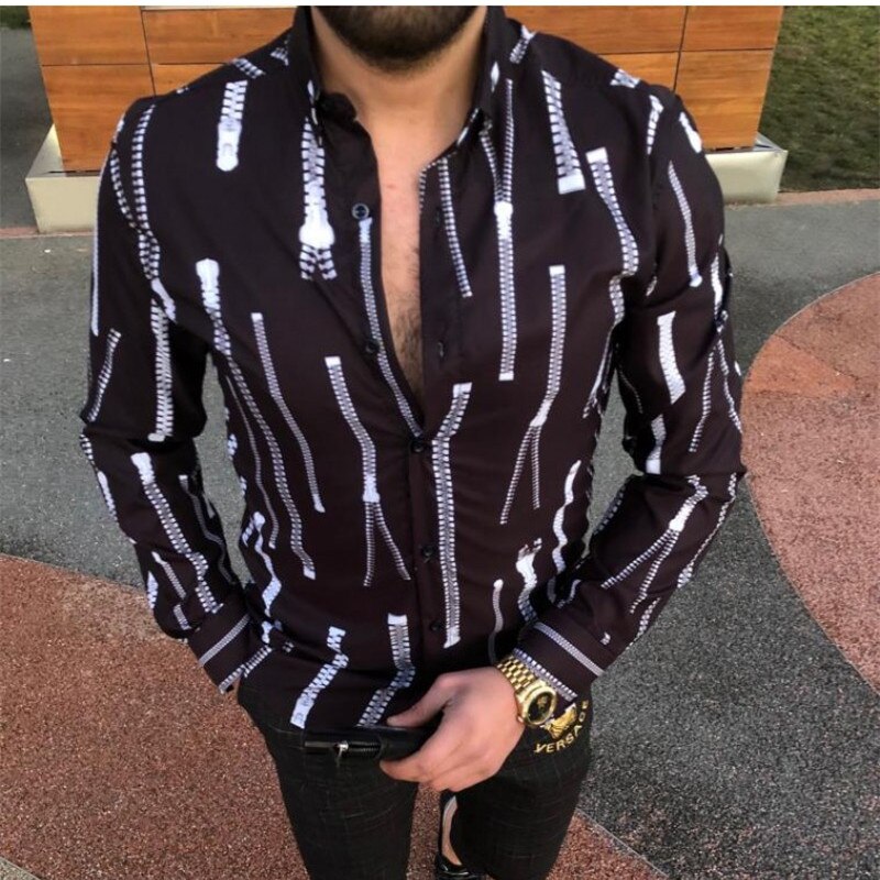 Fashion Men&#39;s Black Striped Shirts 2021 Autumn New Tide Slim Fit Long Sleeve Men Shirt Casual Clothes Man Vintage Printed Shirts