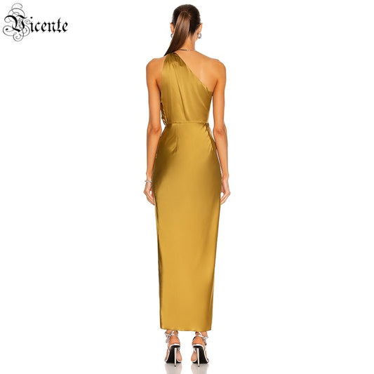 VC Long Satin Dress Women Draped Design One-shoulder Diagonal Collar Sleeveless Party Side Slit Skirt