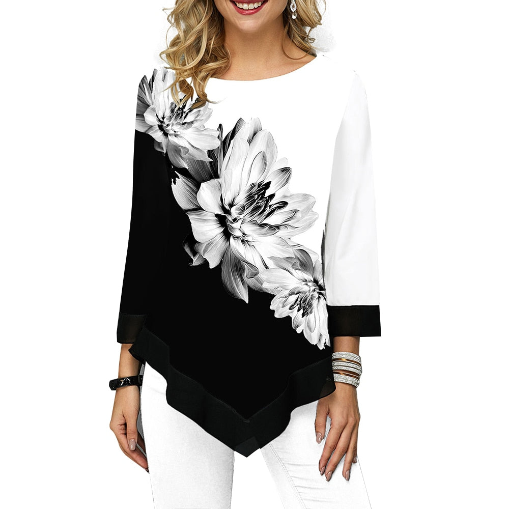 Floral Printed Women Blouse Asymmetric Hem O Neck Long Sleeve Shirts Summer Female Pullover Tops Blusas Fashion Lady Camisa