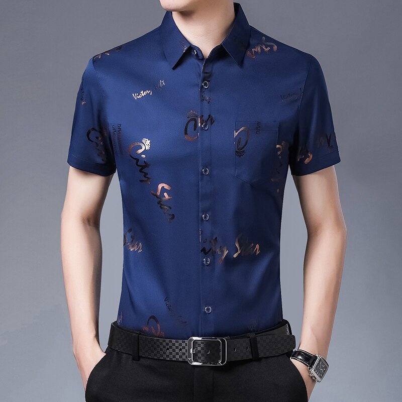 New Men Shirt High Quality Silk Print Summer Short sleeve Casual Shirts Men Slim Fit Camisa Masculina Drop Shipping C749