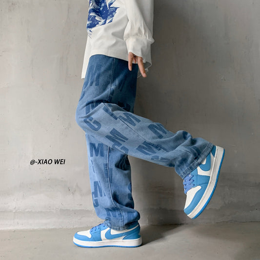 Black/Blue Men Streetwear Casual Letter Printed Jeans Autumn New Loose Straight Denim Pants Harajuku Male Jean Pants Trousers