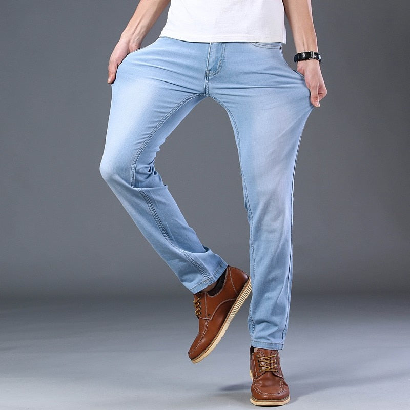 2021 Sulee Brand Top Classic Style  Men Spring Summer Jeans Business Casual Light Blue Stretch Cotton Jeans Male Brand Trousers