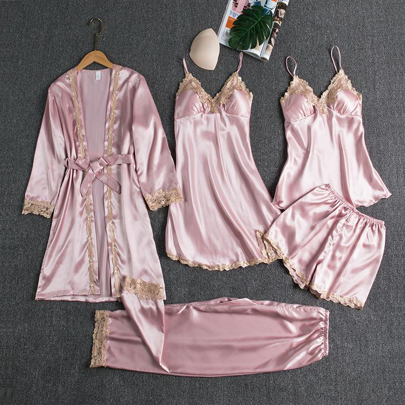 Sleepwear Female 5PCS Pajamas Set Satin Pyjamamas Lace Patchwork Bridal Wedding Nightwear Rayon Home Wear Nighty&amp;Robe Suit